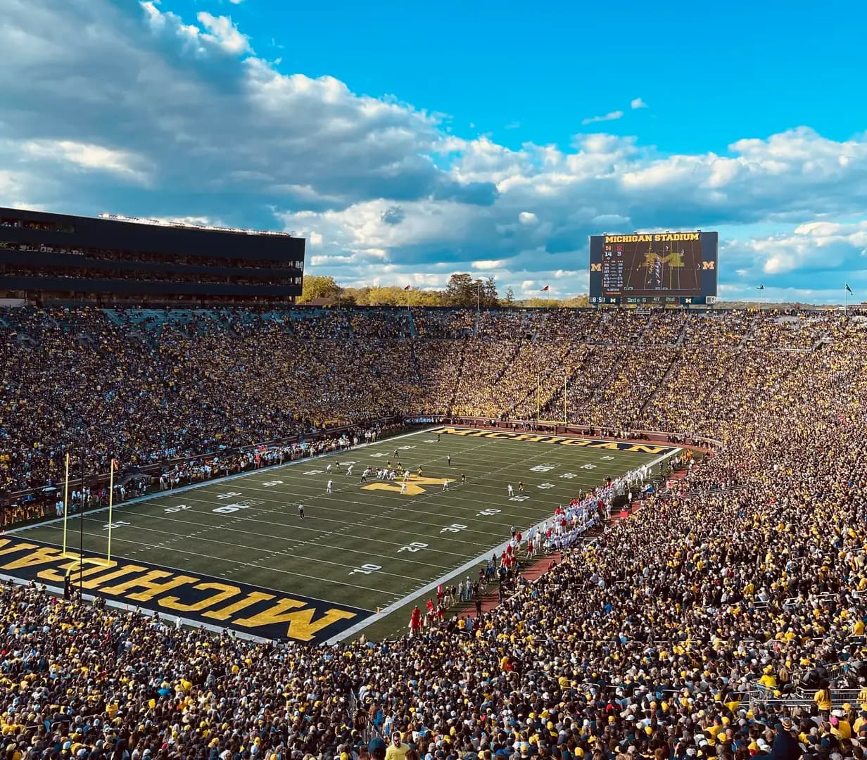 Packed stands at Michigan Stadium during a University of Michigan football game in Ann Arbor, Michigan