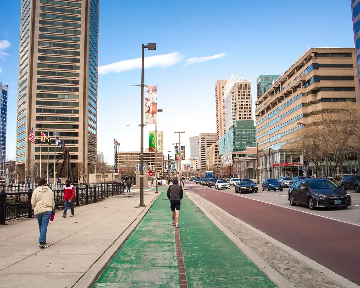 Pratt Street and the Baltimore Inner Harbor waterfront, a common pickup area for charter bus groups