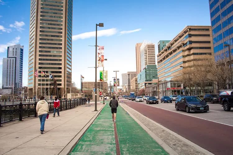 Pratt Street and the Baltimore Inner Harbor waterfront, a common pickup area for charter bus groups