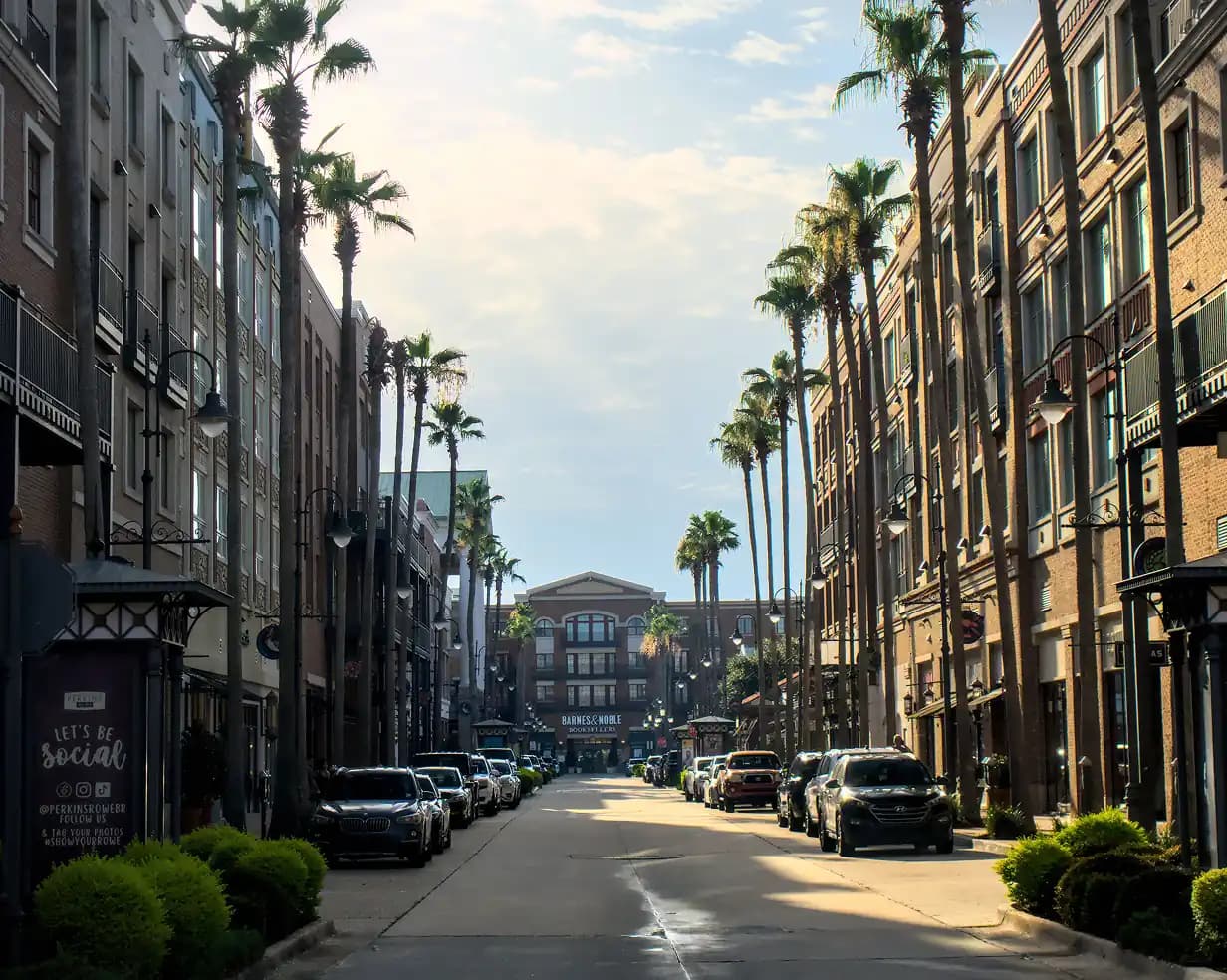 Palm-lined street at Perkins Rowe shopping district in Baton Rouge, Louisiana, a charter bus hotel-shuttle stop