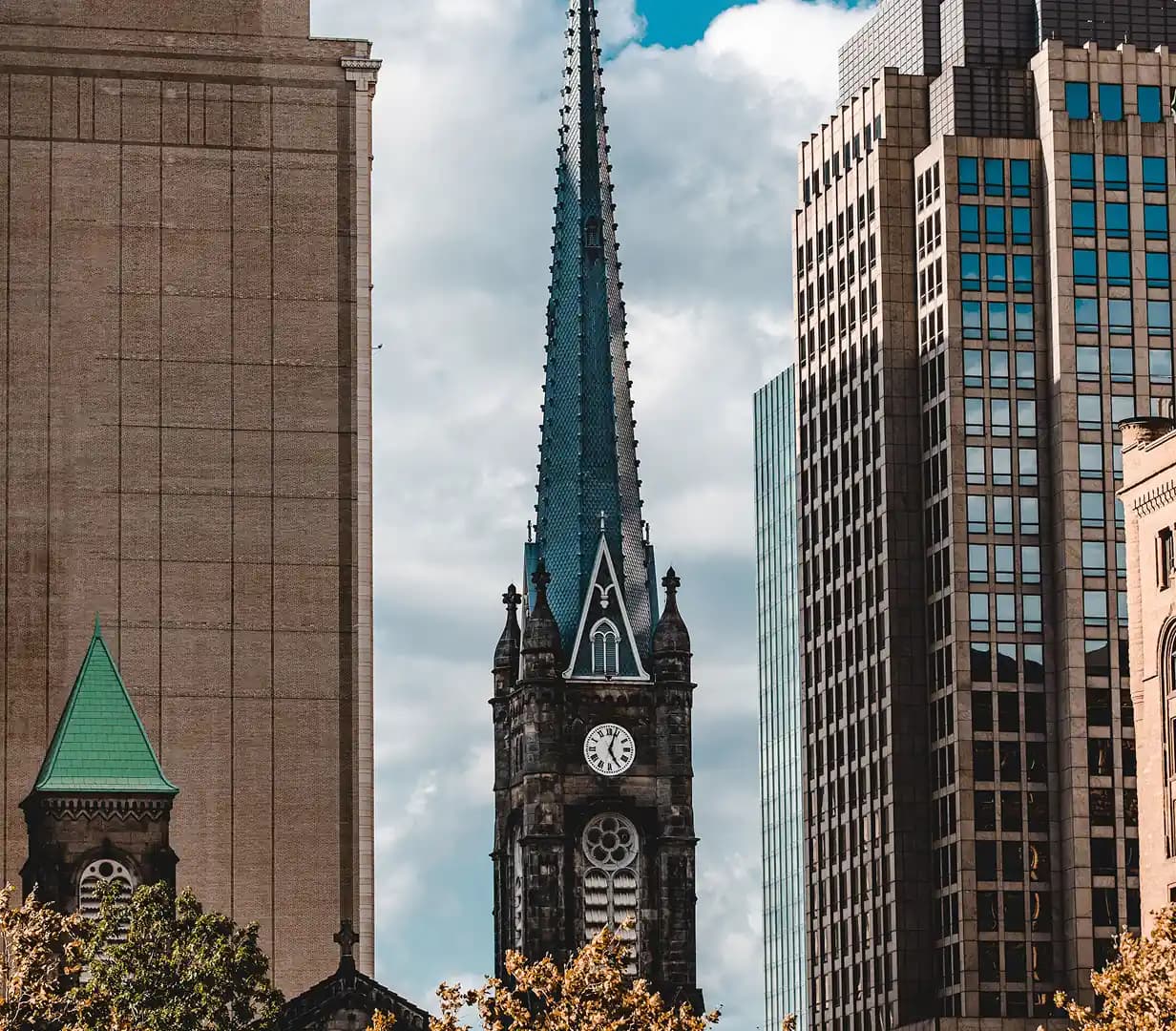 The sandstone steeple of the Old Stone Church on Public Square in downtown Cleveland