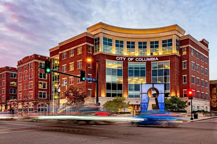 Columbia, South Carolina City Hall at dusk with light trails, a downtown drop-off point for charter bus groups