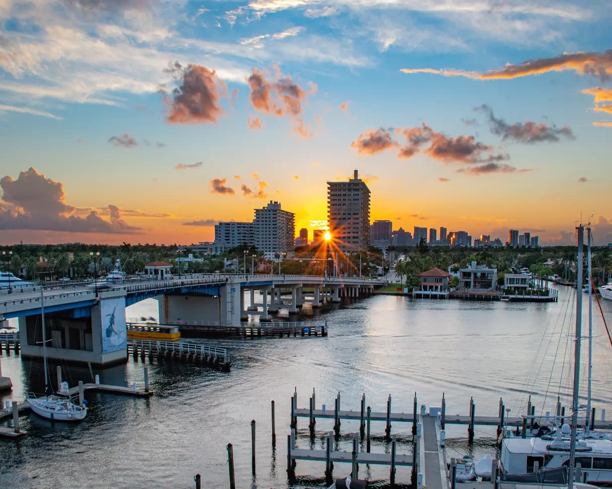 Bridge over the Intracoastal Waterway and marina at sunset in Fort Lauderdale, Florida, the "Venice of America" waterways charter bus groups cross near Las Olas