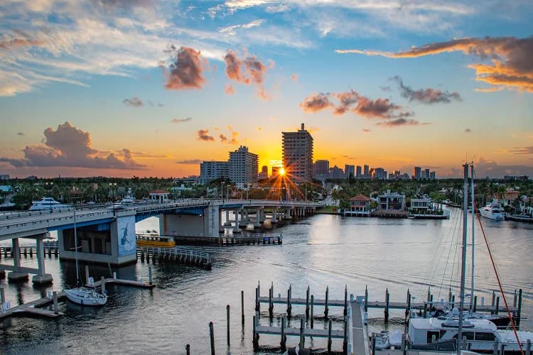 Bridge over the Intracoastal Waterway and marina at sunset in Fort Lauderdale, Florida, the "Venice of America" waterways charter bus groups cross near Las Olas