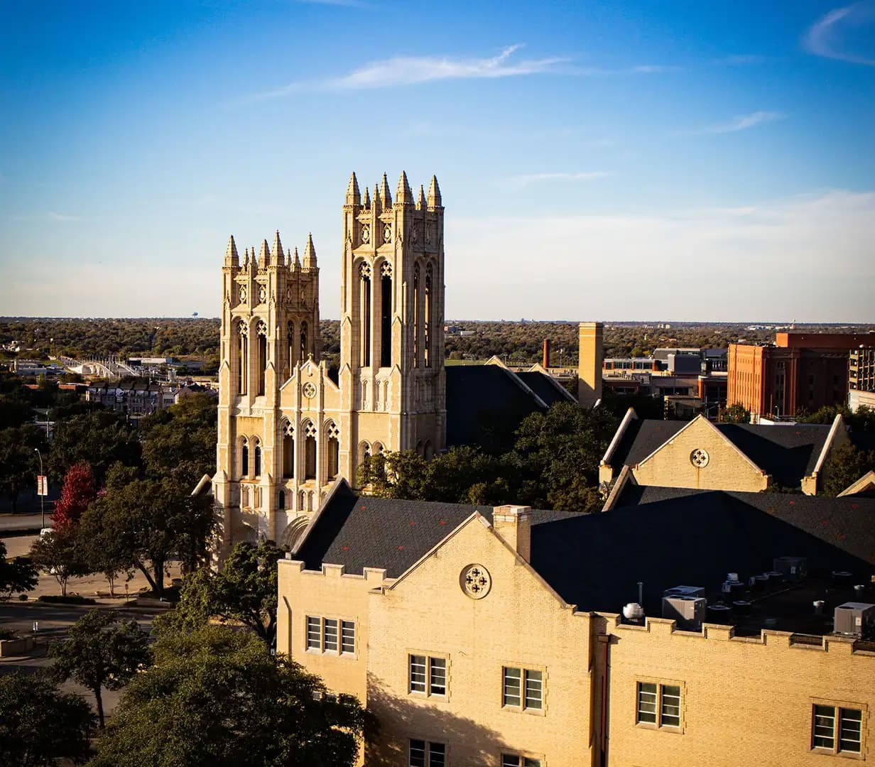 Gothic towers of First United Methodist Church in downtown Fort Worth, Texas, on a charter bus Sundance Square route