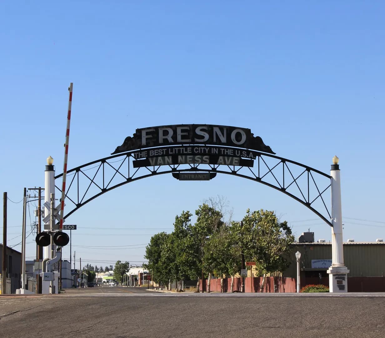 The Fresno Best Little City in the U.S.A. arch over the Van Ness Avenue entrance in Fresno, California