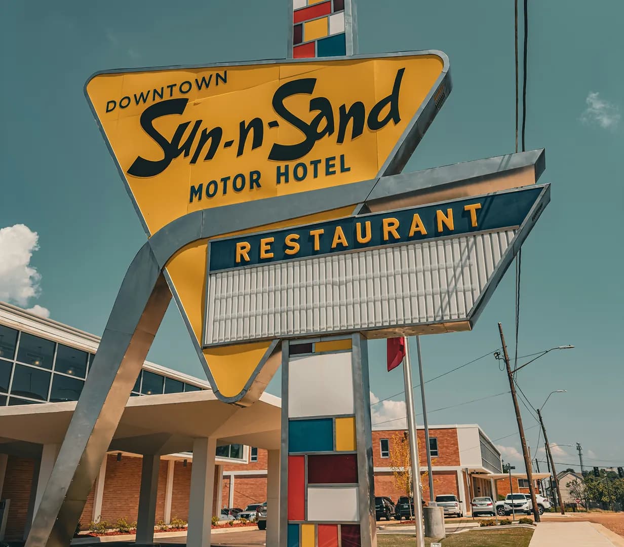 Vintage retro sign at the former Sun-n-Sand Motor Hotel in Jackson, Mississippi, a downtown charter bus landmark stop