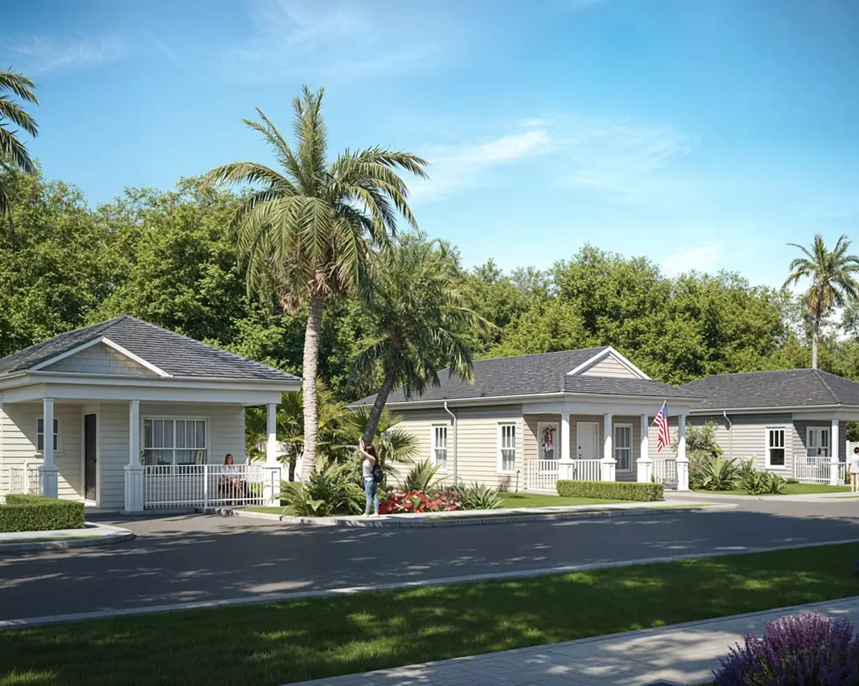Palm-lined cottages with white porches at the beaches near Jacksonville, Florida, a wedding-shuttle destination for charter bus groups