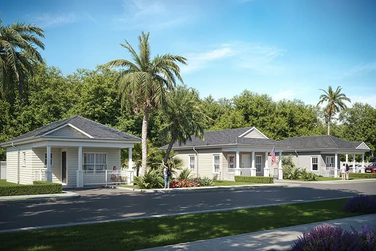 Palm-lined cottages with white porches at the beaches near Jacksonville, Florida, a wedding-shuttle destination for charter bus groups