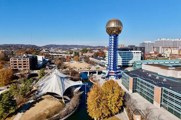 Aerial view of the Sunsphere over World's Fair Park in Knoxville, Tennessee, a field trip stop for charter bus groups