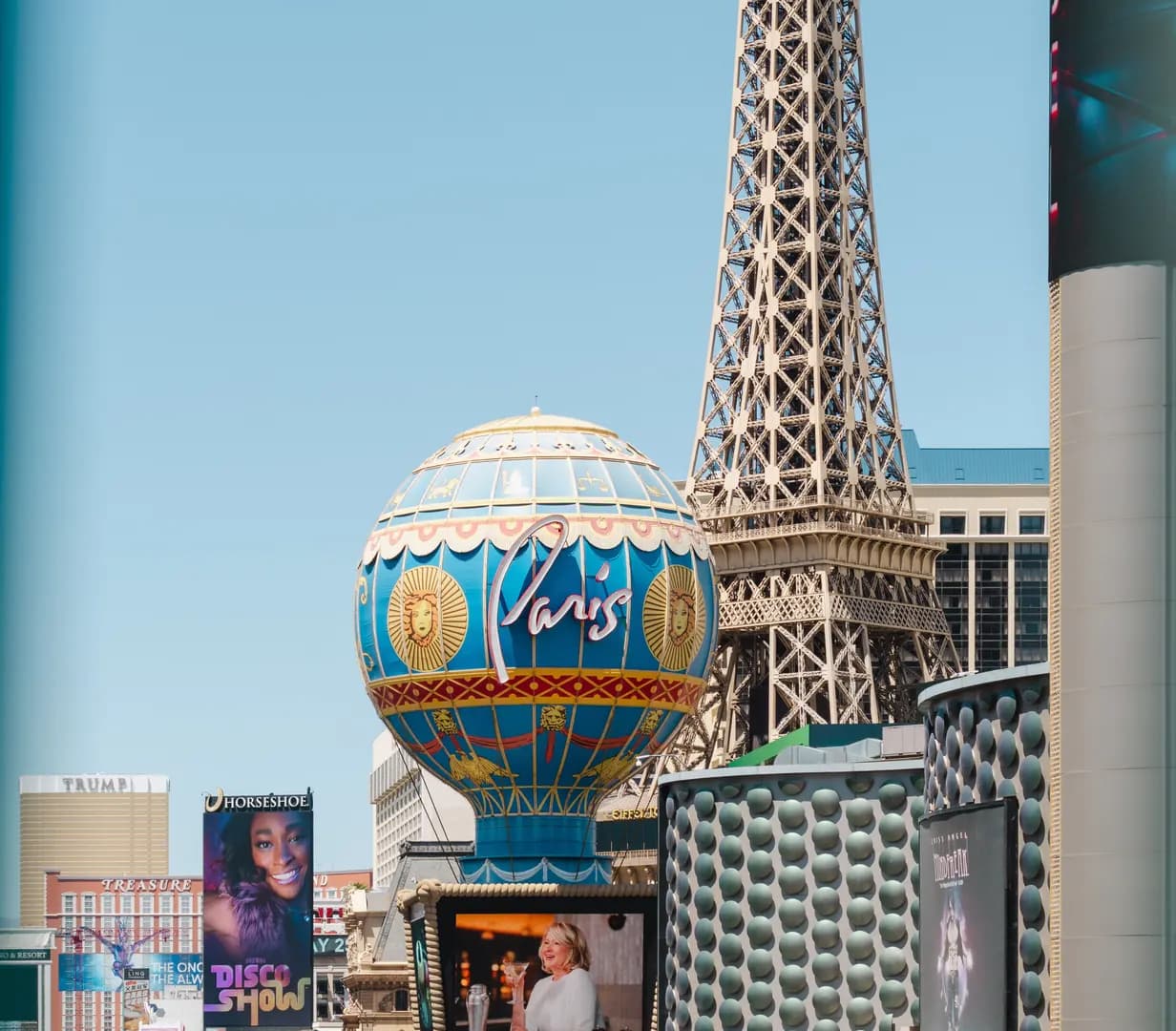 Eiffel Tower replica and the Paris hot air balloon sign at Paris Las Vegas on the Las Vegas Strip in Las Vegas, Nevada