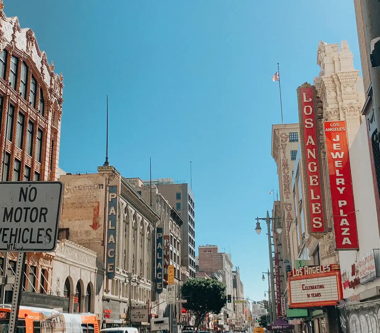 Historic theater marquees along Broadway in downtown Los Angeles