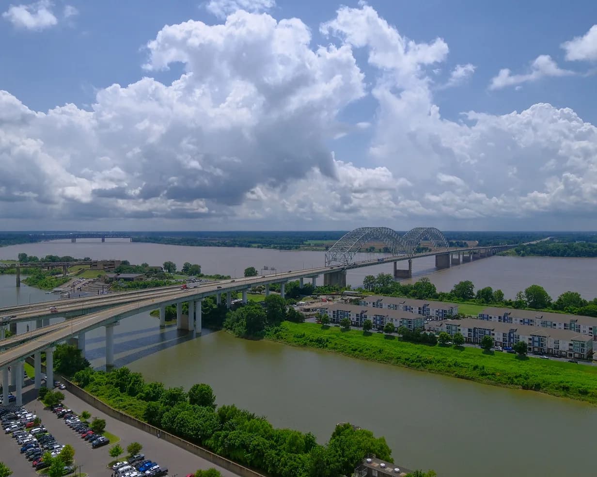 Aerial view of the Hernando de Soto Bridge over the Mississippi River into Memphis, Tennessee, a charter bus highway route