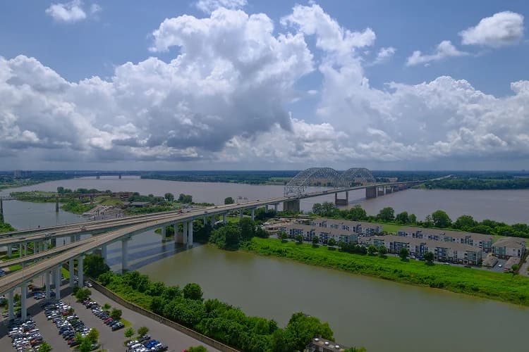 Aerial view of the Hernando de Soto Bridge over the Mississippi River into Memphis, Tennessee, a charter bus highway route