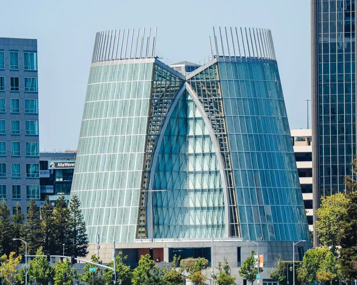 The glass Cathedral of Christ the Light seen across Lake Merritt in downtown Oakland, California