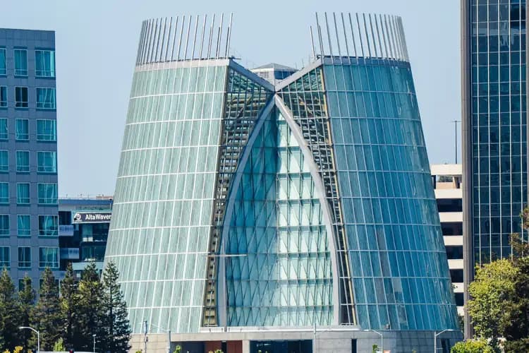 The glass Cathedral of Christ the Light seen across Lake Merritt in downtown Oakland, California