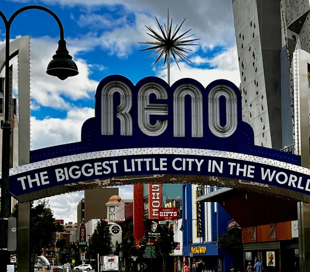The Reno Arch reading The Biggest Little City in the World over Virginia Street in downtown Reno, Nevada