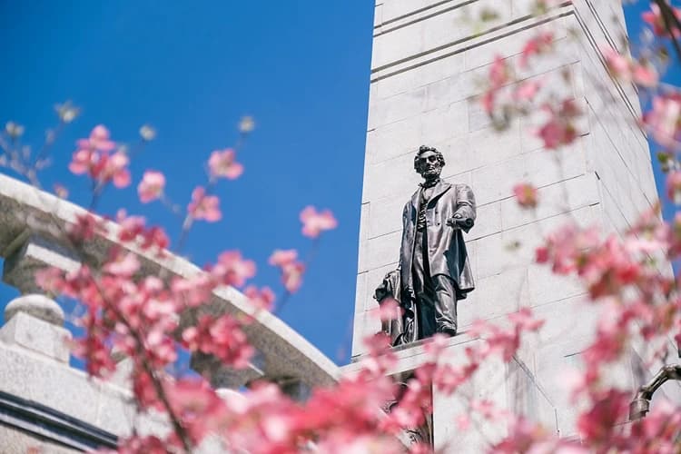 Abraham Lincoln statue framed by cherry blossoms in Springfield, Illinois, the anchor stop on charter bus Lincoln-site trips