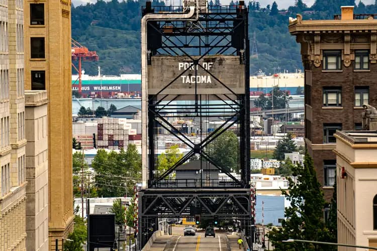 Murray Morgan Bridge lift tower with Port of Tacoma lettering, seen down 11th Street in downtown Tacoma, Washington