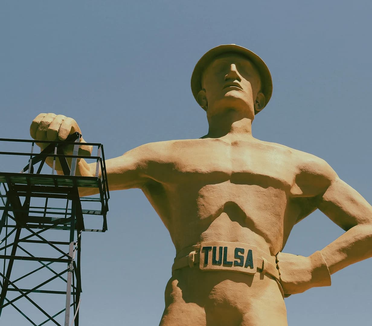 Golden Driller oil-worker statue in Tulsa, Oklahoma, a charter bus tour landmark stop