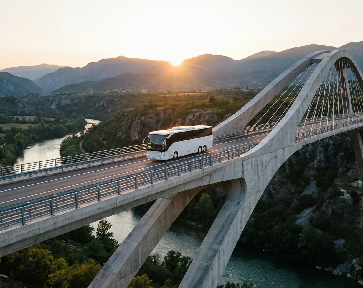 50 passenger white charter bus on scenic bridge.