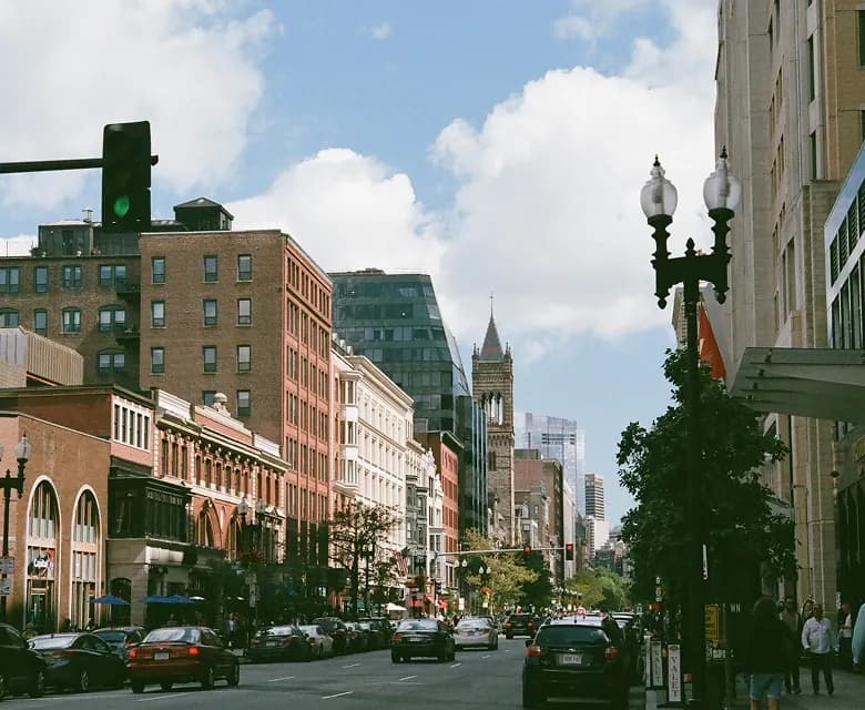 Boston street with clock tower.