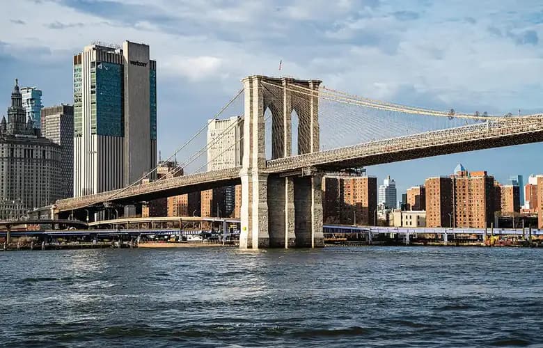 Charter bus rental New York Brooklyn bridge waterfront.