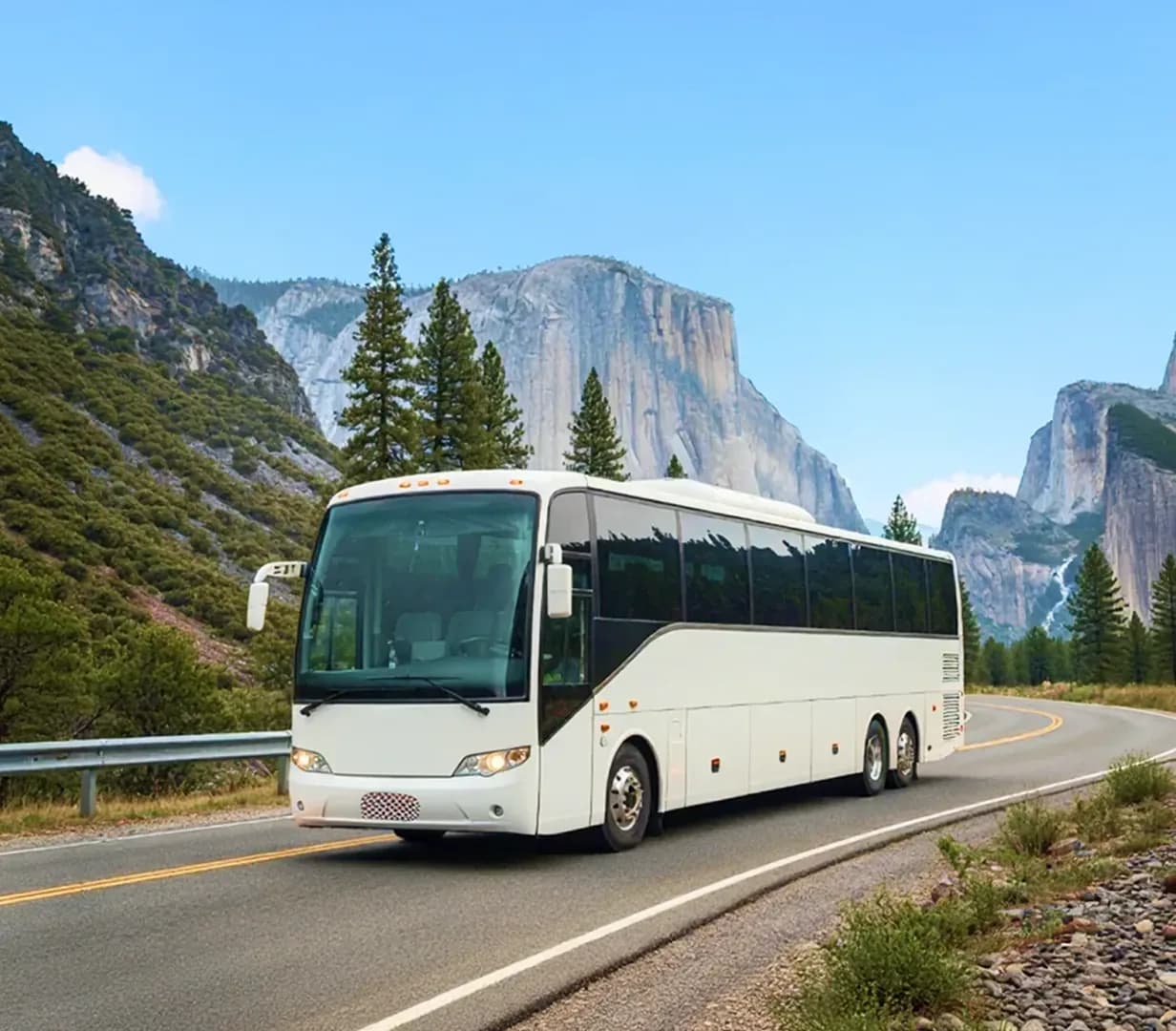 Coach on mountain highway.