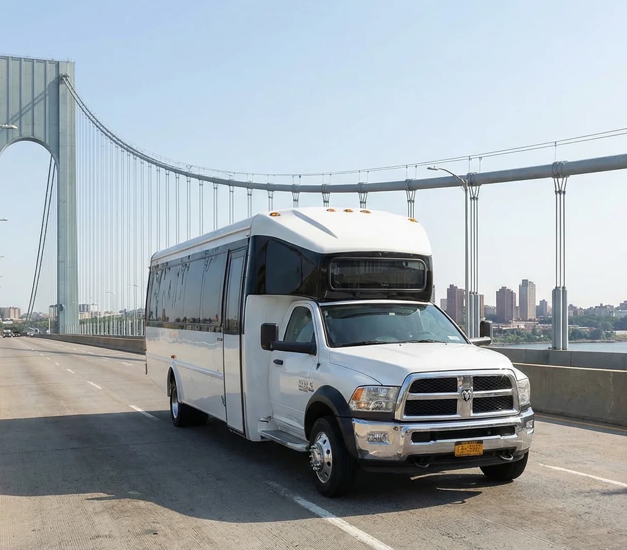 Minibus on bridge.