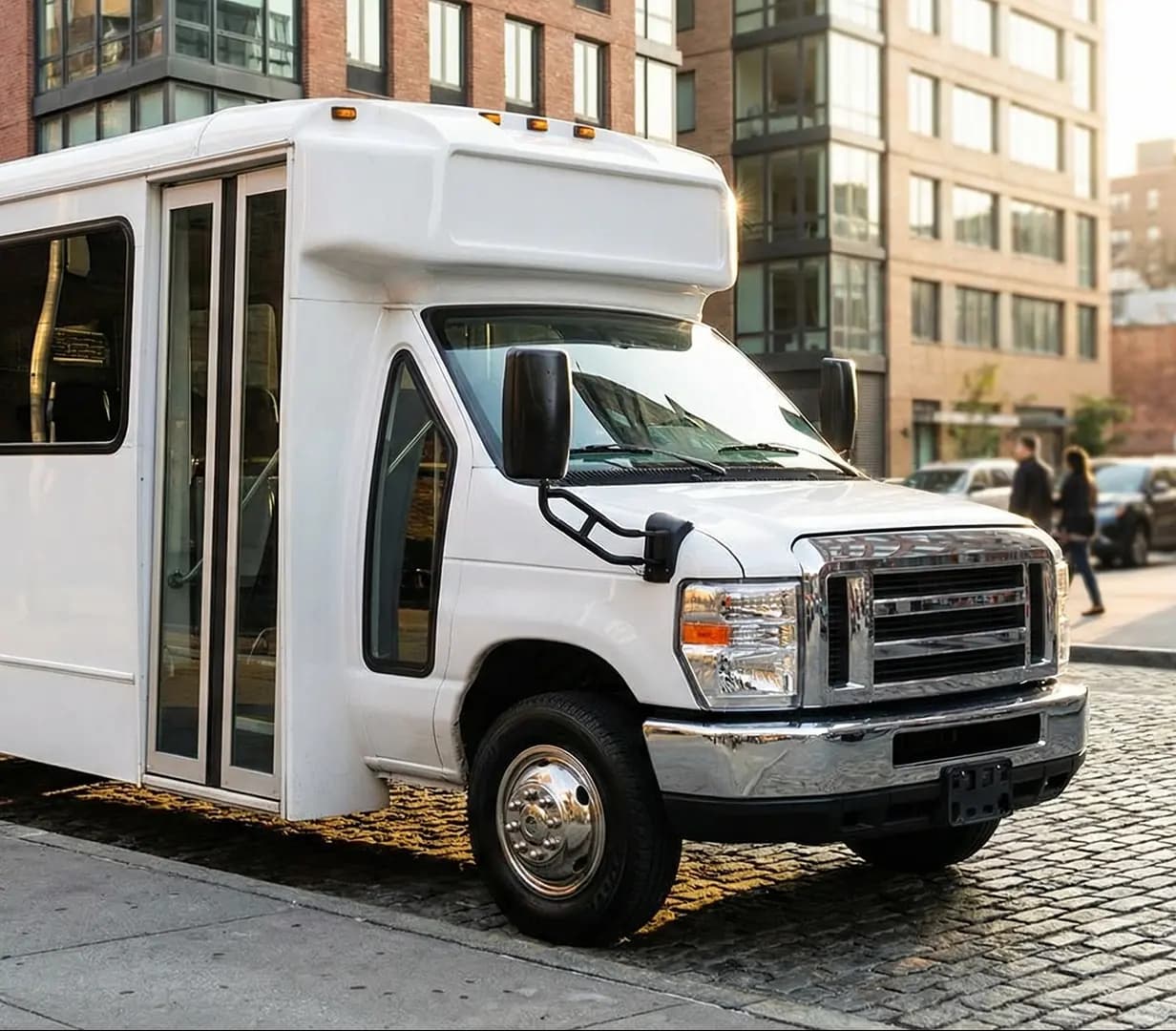 Shuttle bus on cobblestone street.