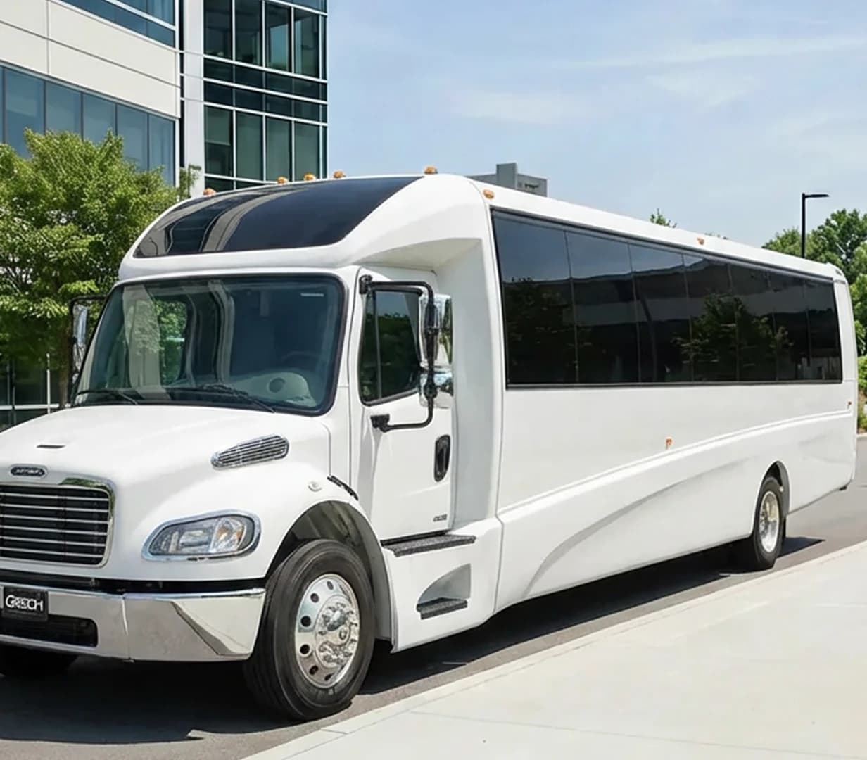 Shuttle bus outside office building.