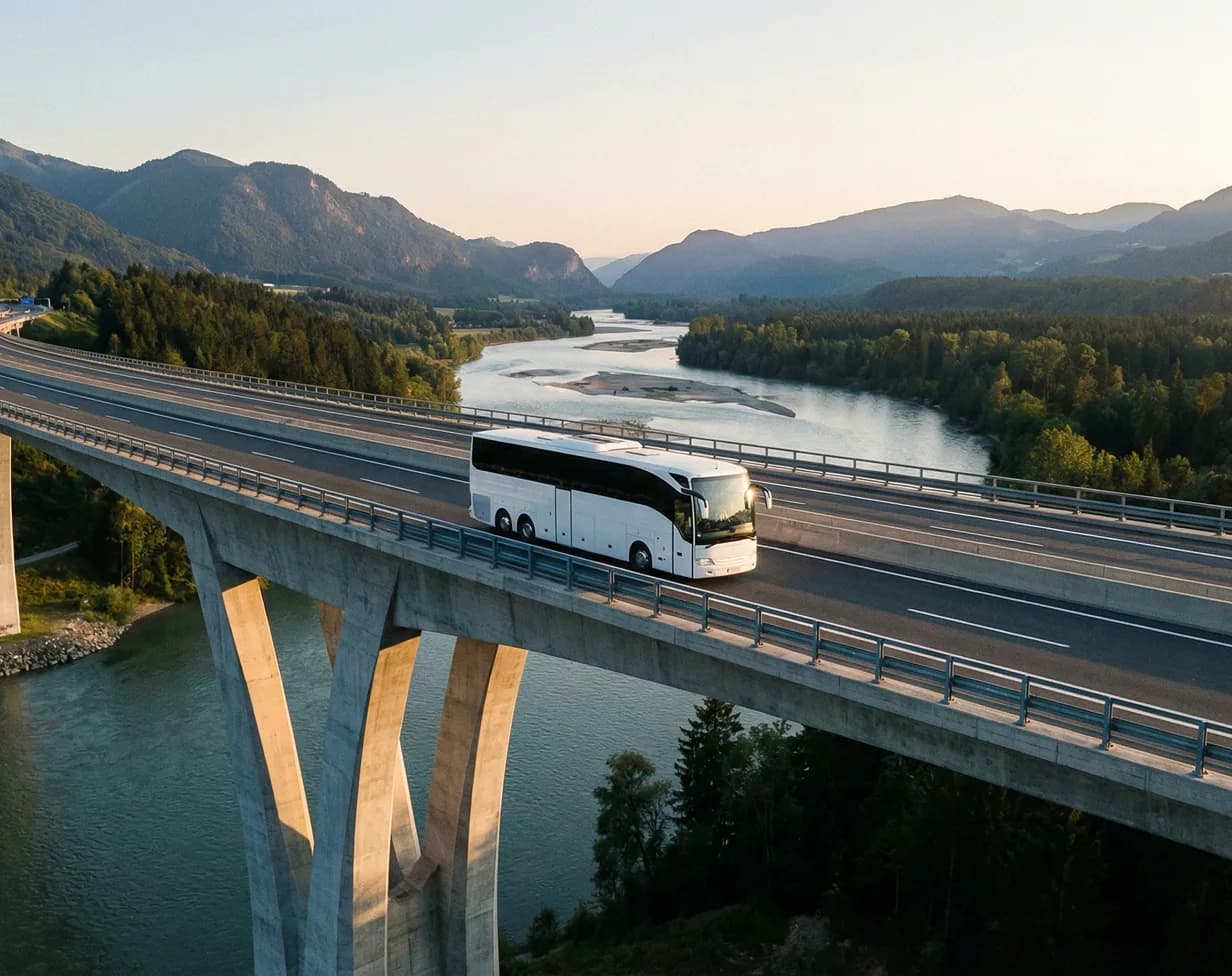 White charter bus rental on alpine bridge river aerial sunset.