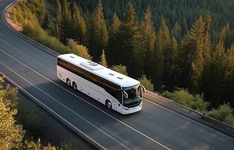 White charter coach bus rental aerial view on highway forest.