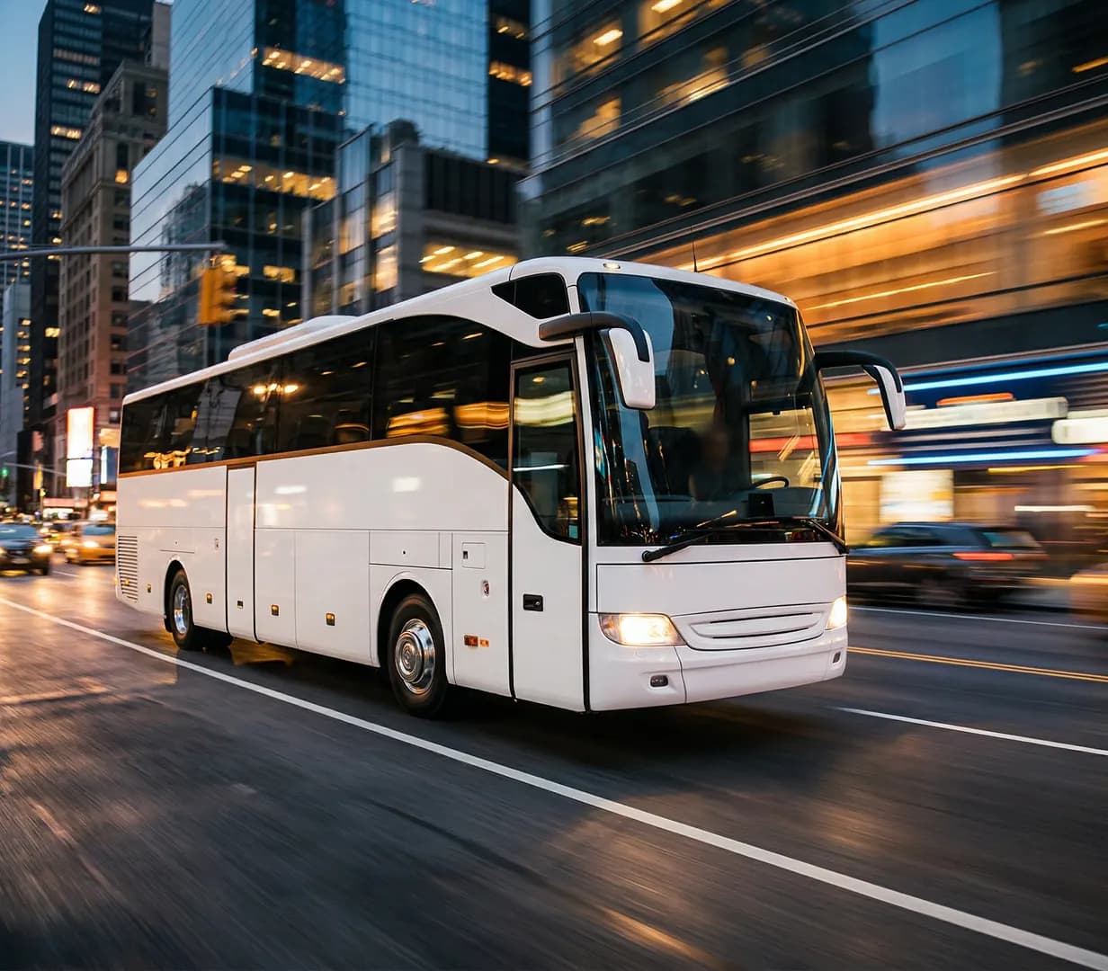 Black coach in business district.