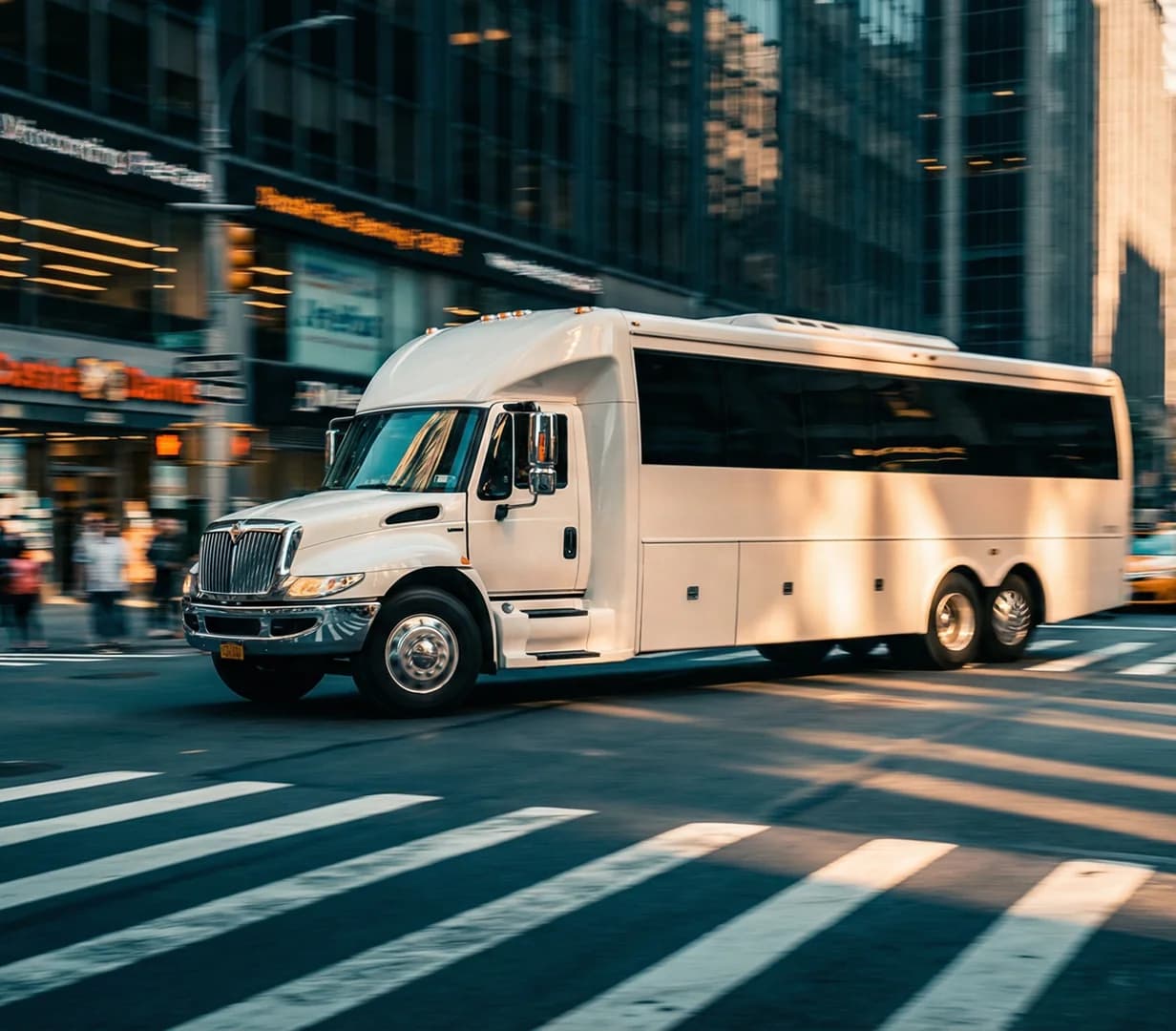 White shuttle bus at downtown crosswalk.