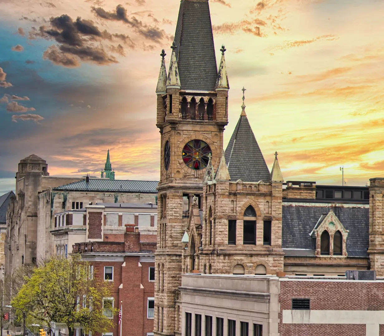 Historic clock tower in downtown Scranton, Pennsylvania, where group charter pickups begin