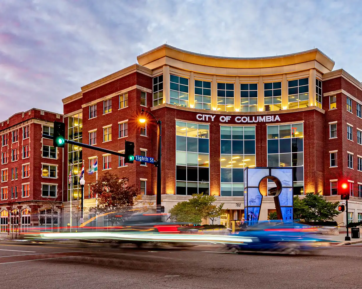 Columbia, South Carolina City Hall at dusk with light trails, a downtown drop-off point for charter bus groups