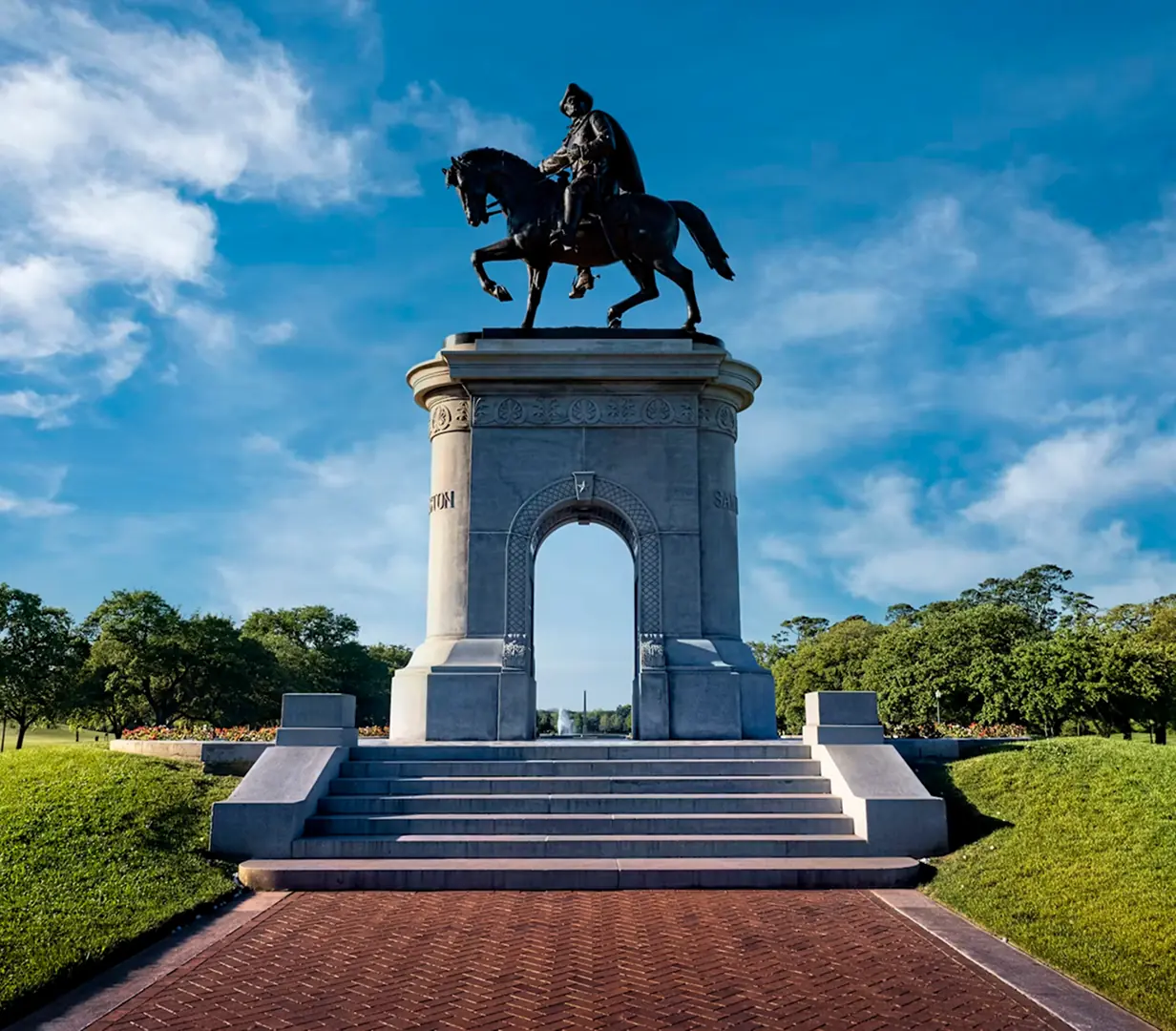 Sam Houston equestrian statue in Hermann Park, Houston, Texas, a stop on charter bus group tours