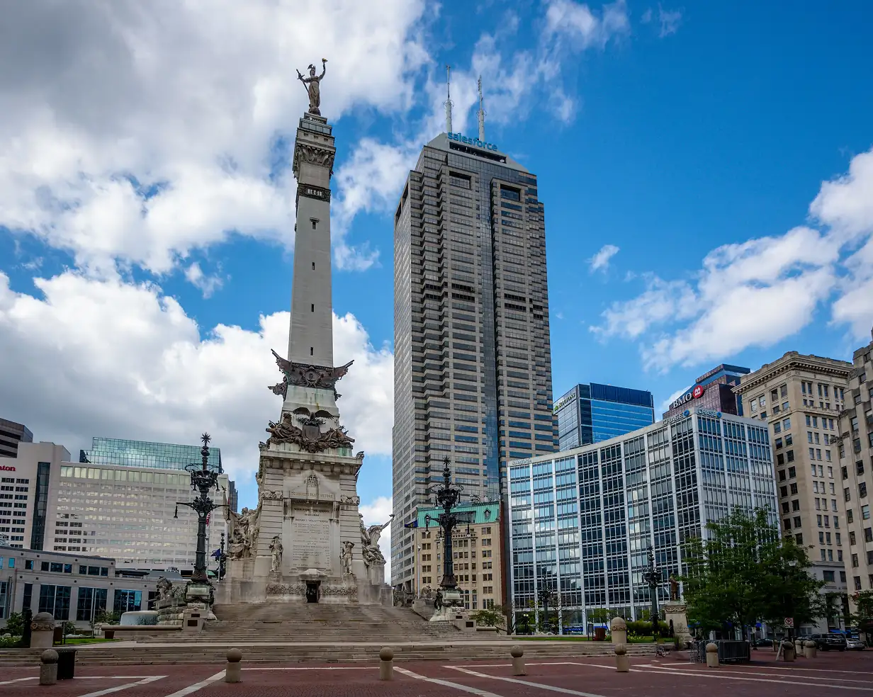 Soldiers and Sailors Monument on Monument Circle in downtown Indianapolis, a central pickup area for charter bus groups