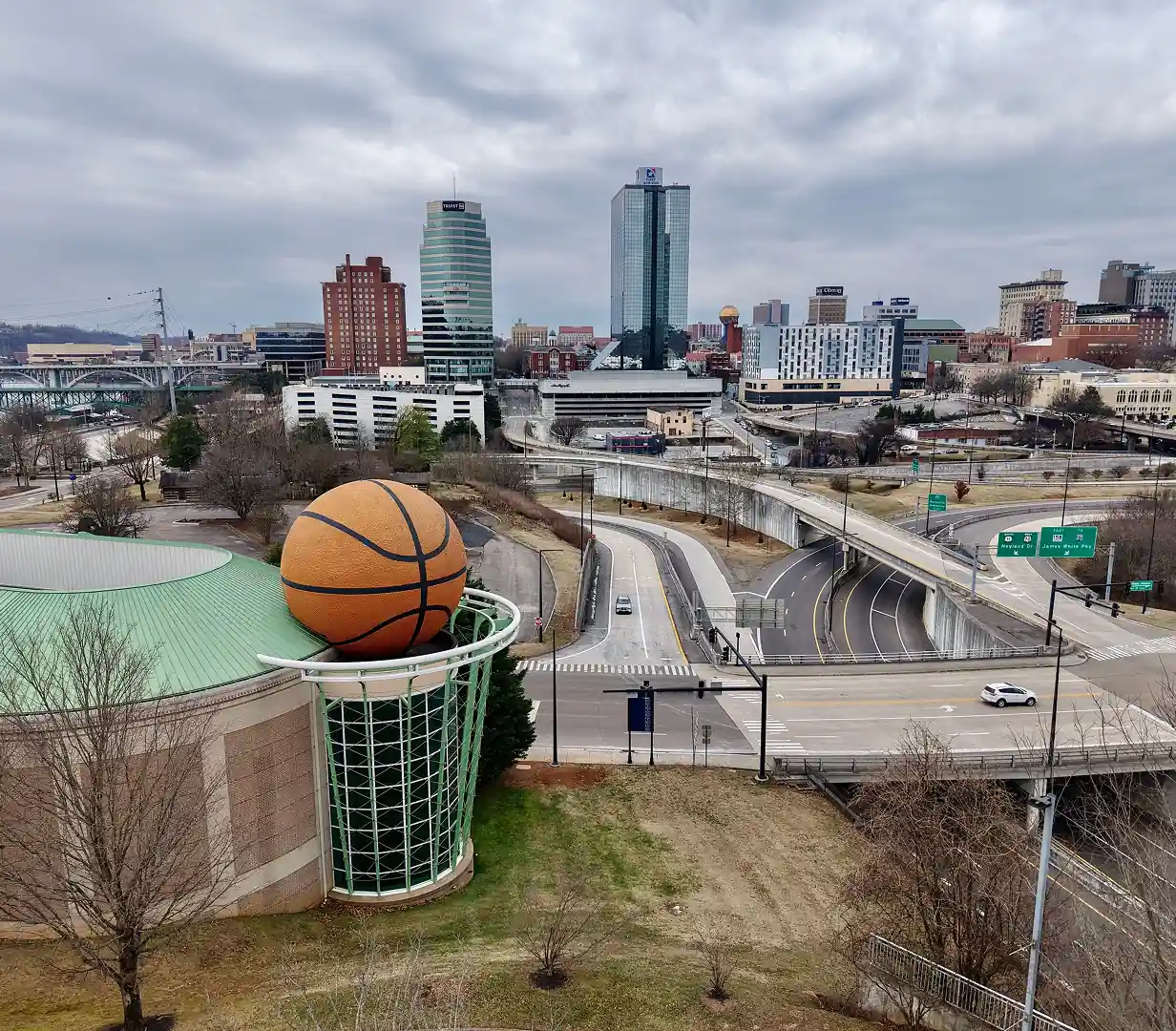 Women's Basketball Hall of Fame and the downtown Knoxville, Tennessee skyline, a stop for charter bus team and fan groups