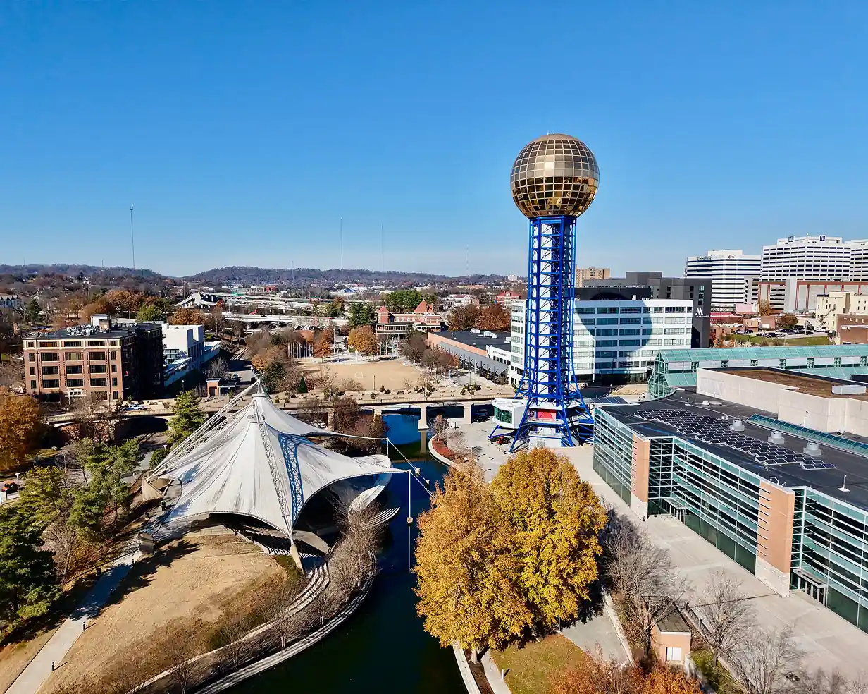 Aerial view of the Sunsphere over World's Fair Park in Knoxville, Tennessee, a field trip stop for charter bus groups