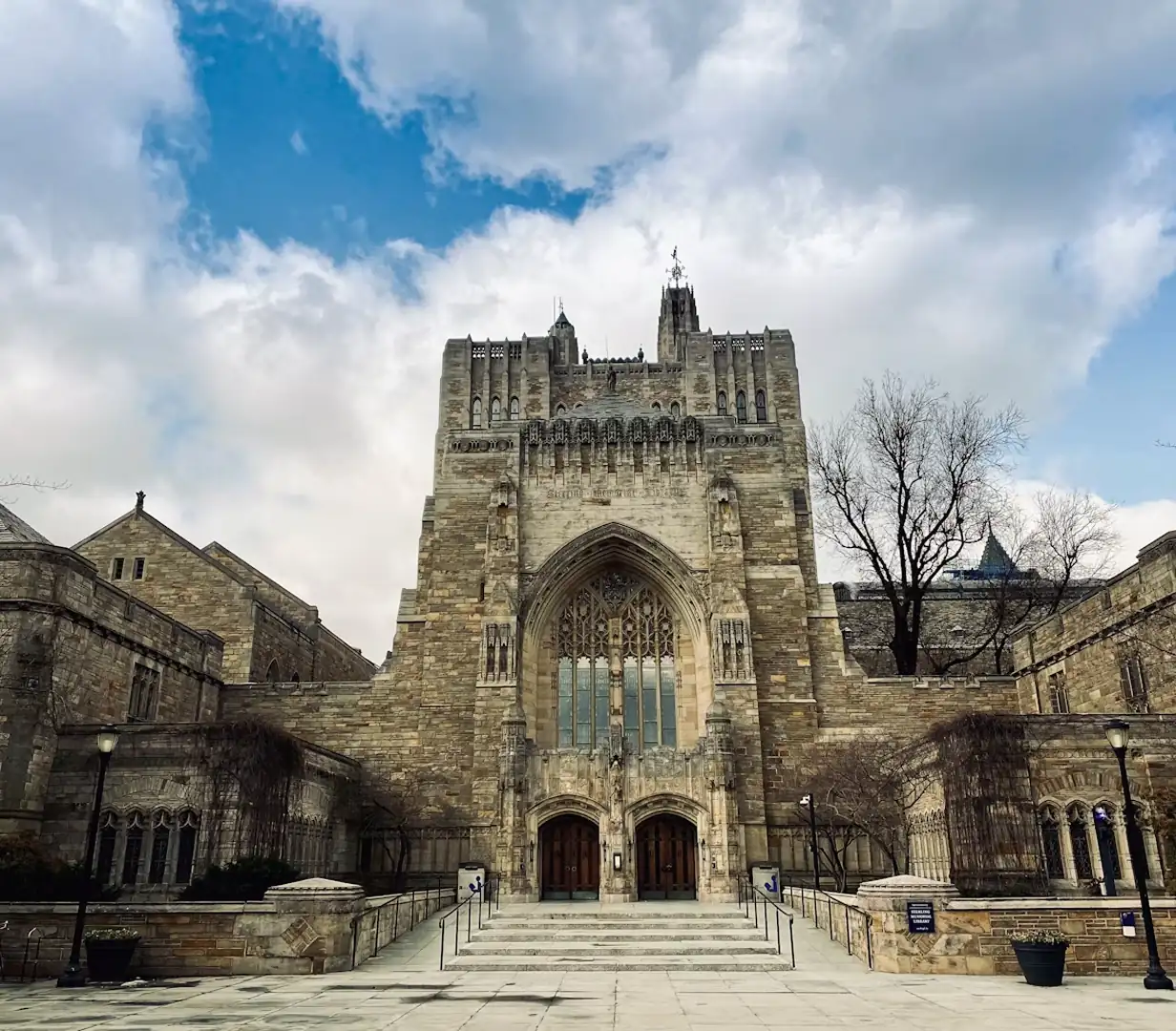 Sterling Memorial Library's Gothic tower at Yale in New Haven, Connecticut, a stop on charter bus campus tours