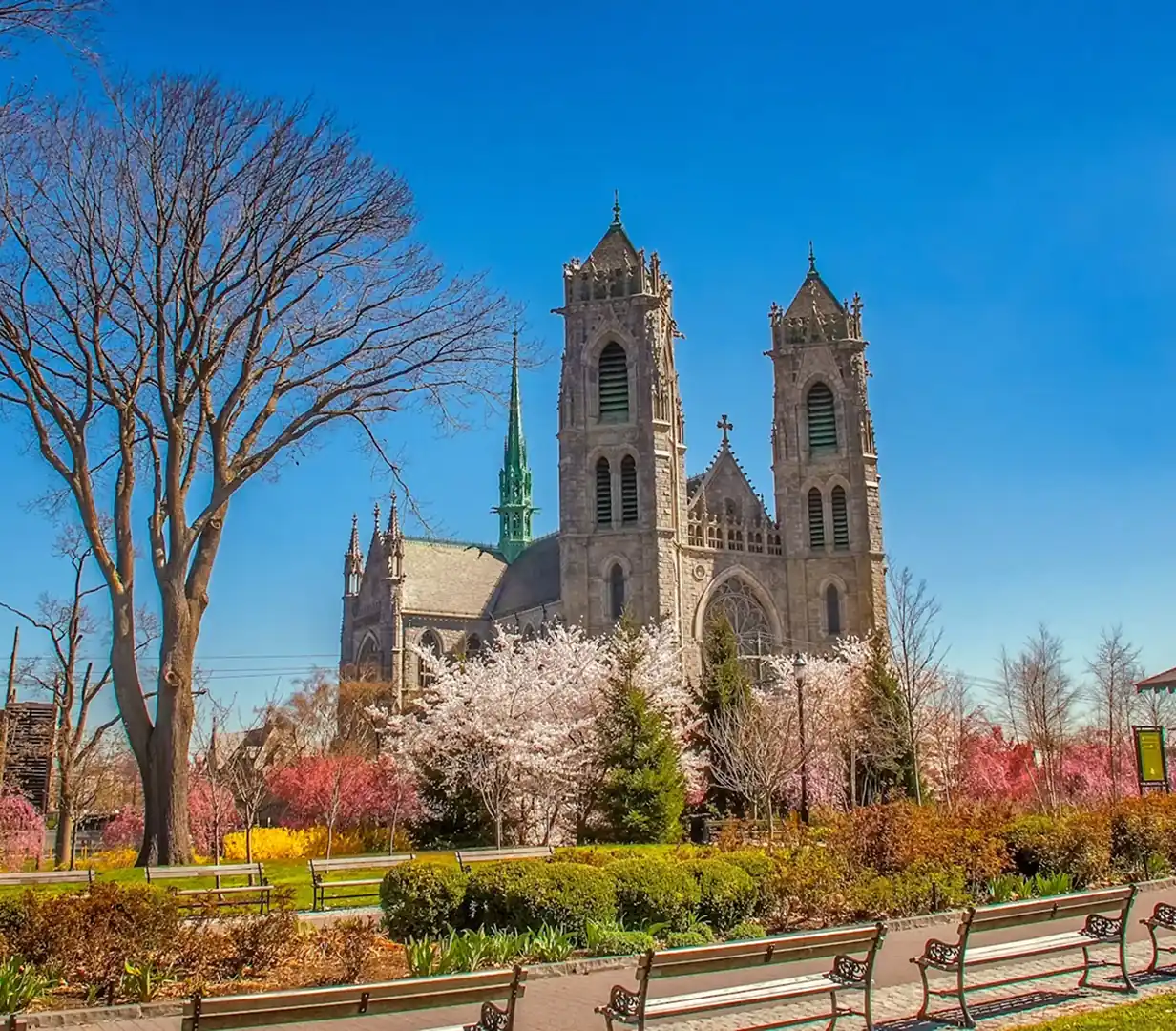 Cherry blossoms in bloom near the Cathedral Basilica of the Sacred Heart in Newark, New Jersey, a landmark stop on spring charter bus itineraries