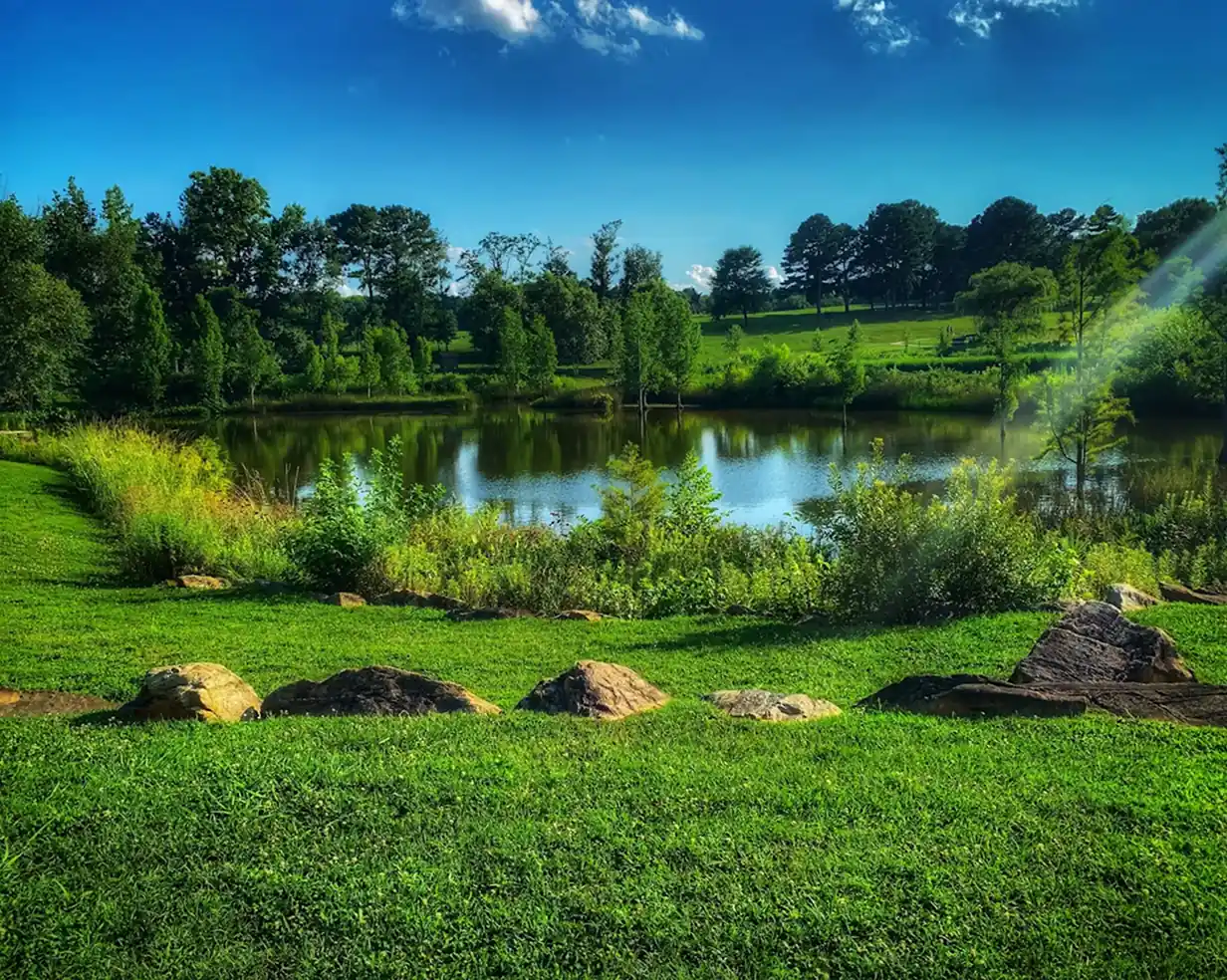 Green park landscape around a pond in Raleigh, North Carolina, part of the city's park system charter bus groups pass through