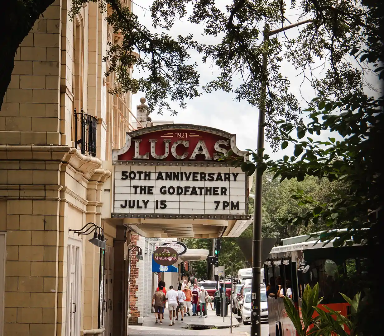 Vintage marquee of the Lucas Theatre in downtown Savannah, Georgia, a stop on charter bus Historic District itineraries
