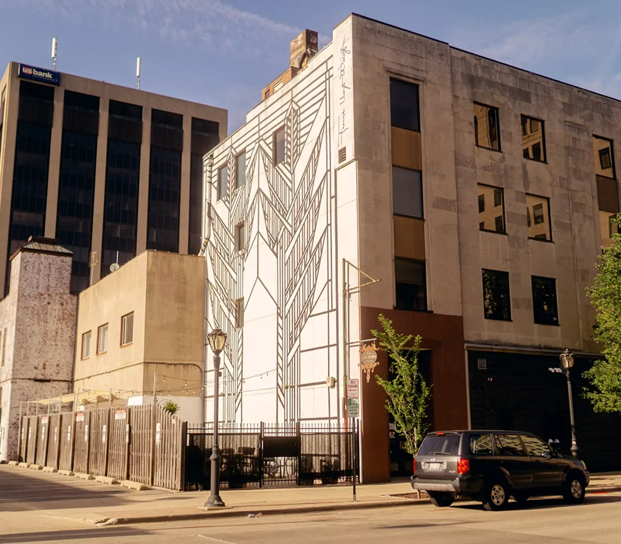 Art Deco mural on a downtown Springfield, Illinois street, in the historic district charter bus groups walk