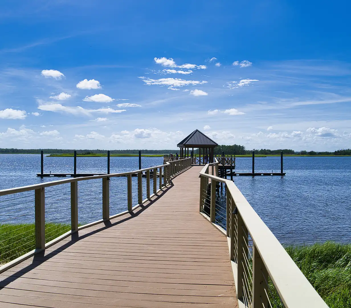 Gazebo on the Riverwalk along the Cape Fear River in downtown Wilmington, North Carolina, a stop for charter bus groups