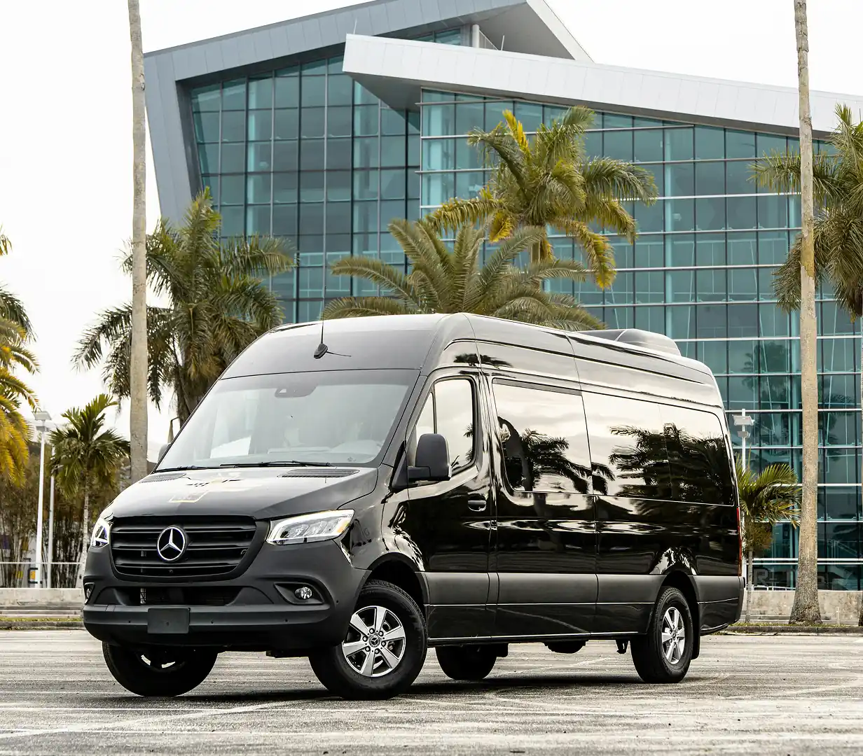 Black Mercedes Sprinter van parked near palm trees and a glass building.