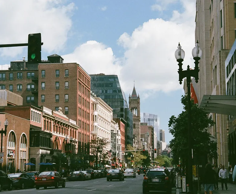 Boston street with clock tower.