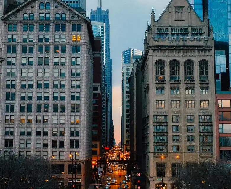 Chicago street at dusk.